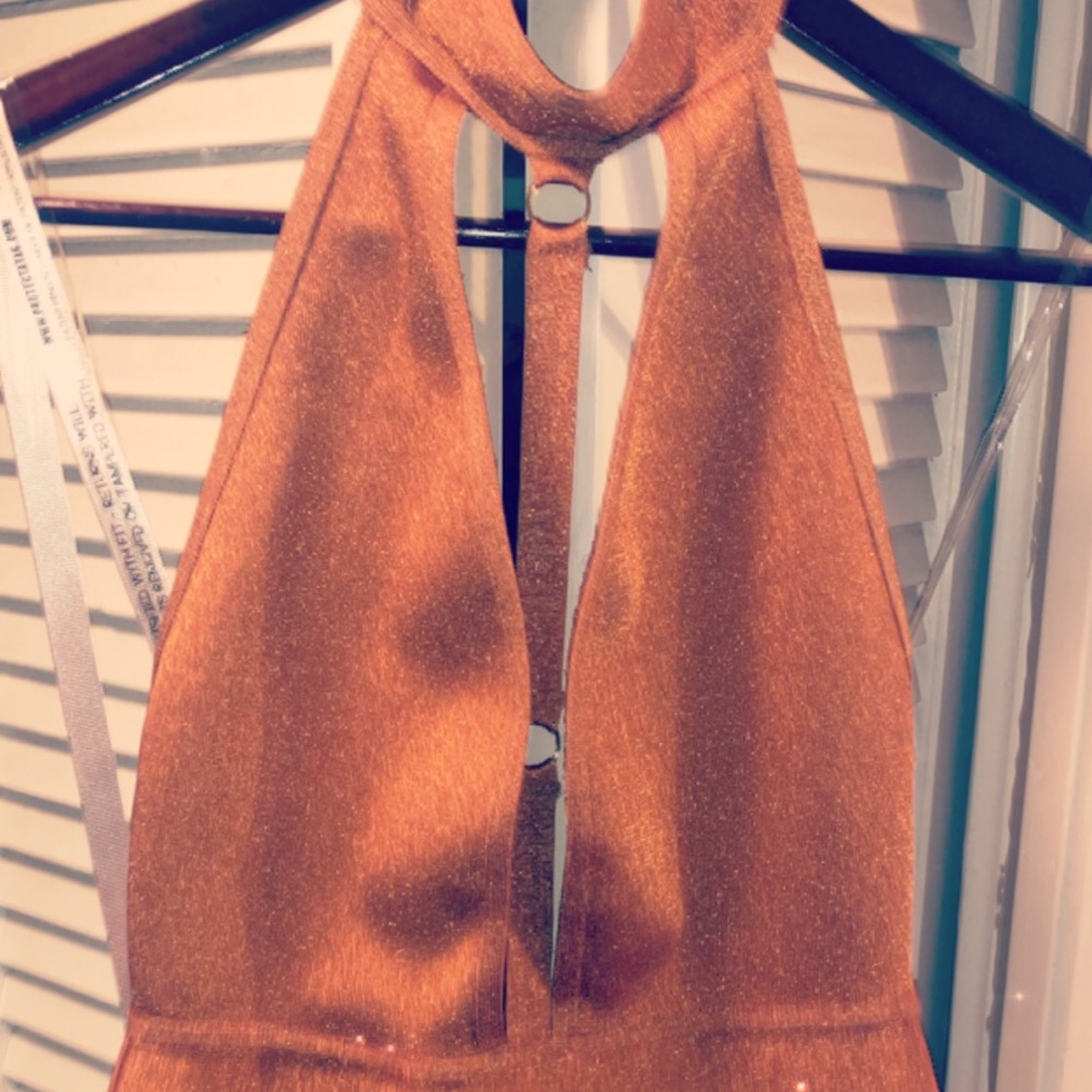 Camel lurex halter bandage dress